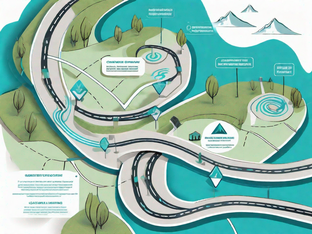 A winding path (representing the customer journey) with various obstacles (representing pain points) along the way