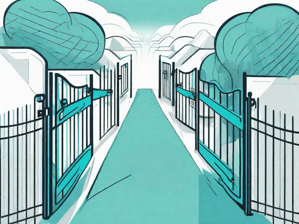 A path winding through a series of gates symbolizing different stages of the customer journey