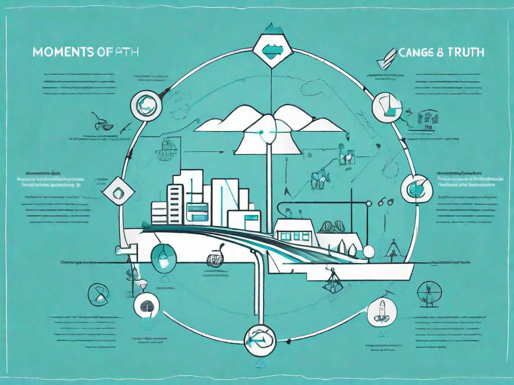 A symbolic journey path with various stages marked by different icons representing value chain components