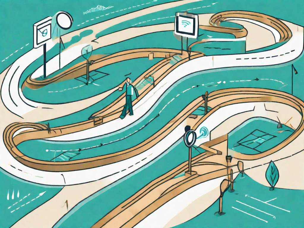 A winding path representing the customer journey with five distinct checkpoints