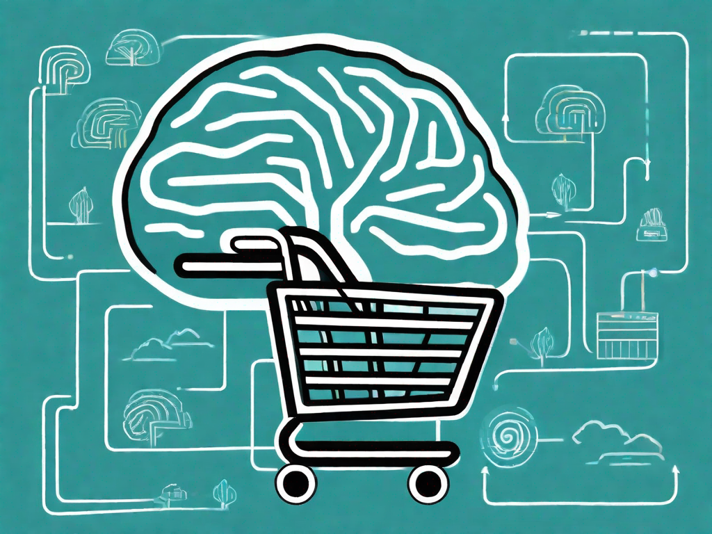 A brain with various pathways leading to a shopping cart symbol