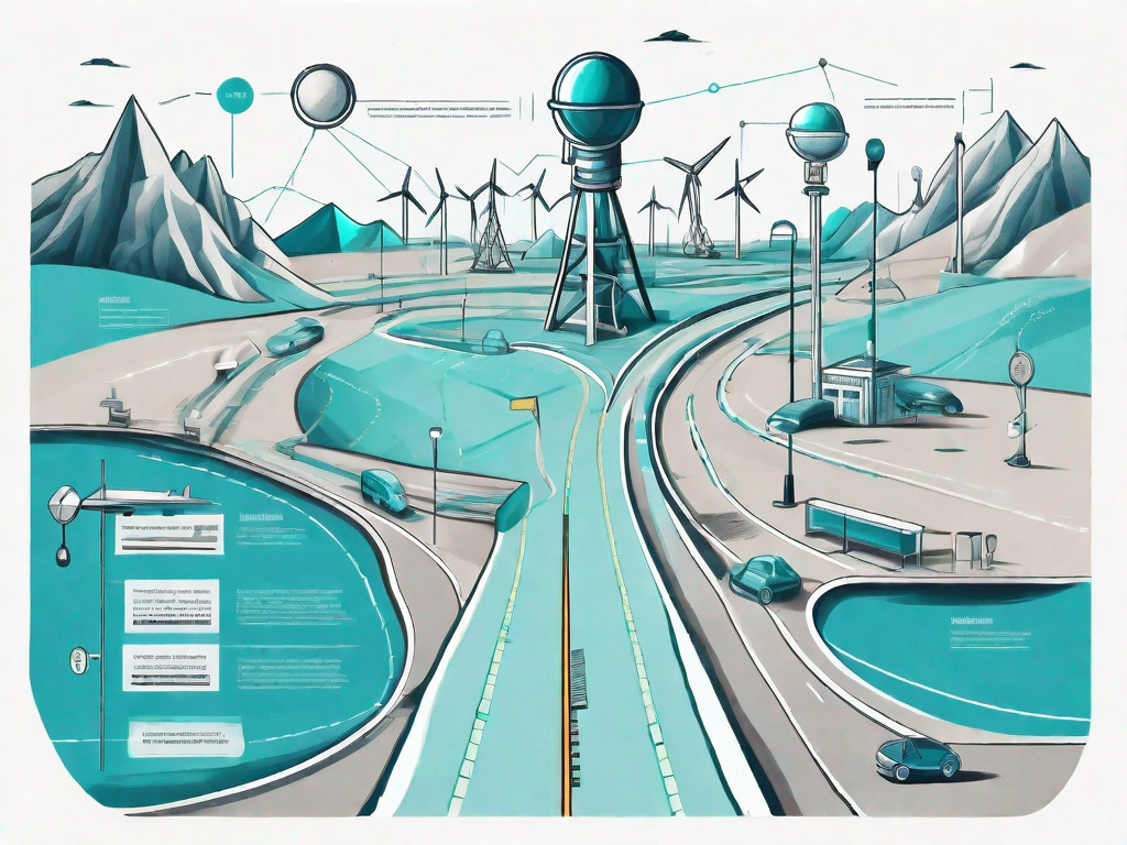 A road map with various signposts and landmarks representing different stages of the customer journey