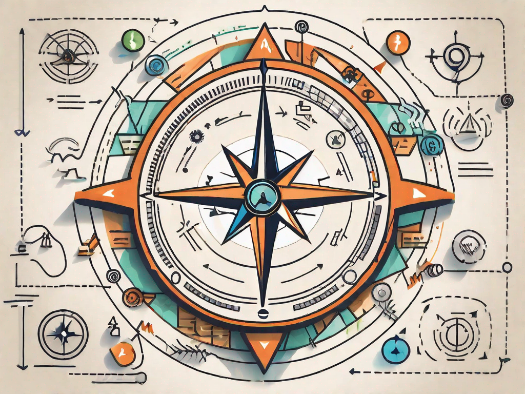 A navigational compass surrounded by various symbols representing different customer touchpoints (like a shopping cart