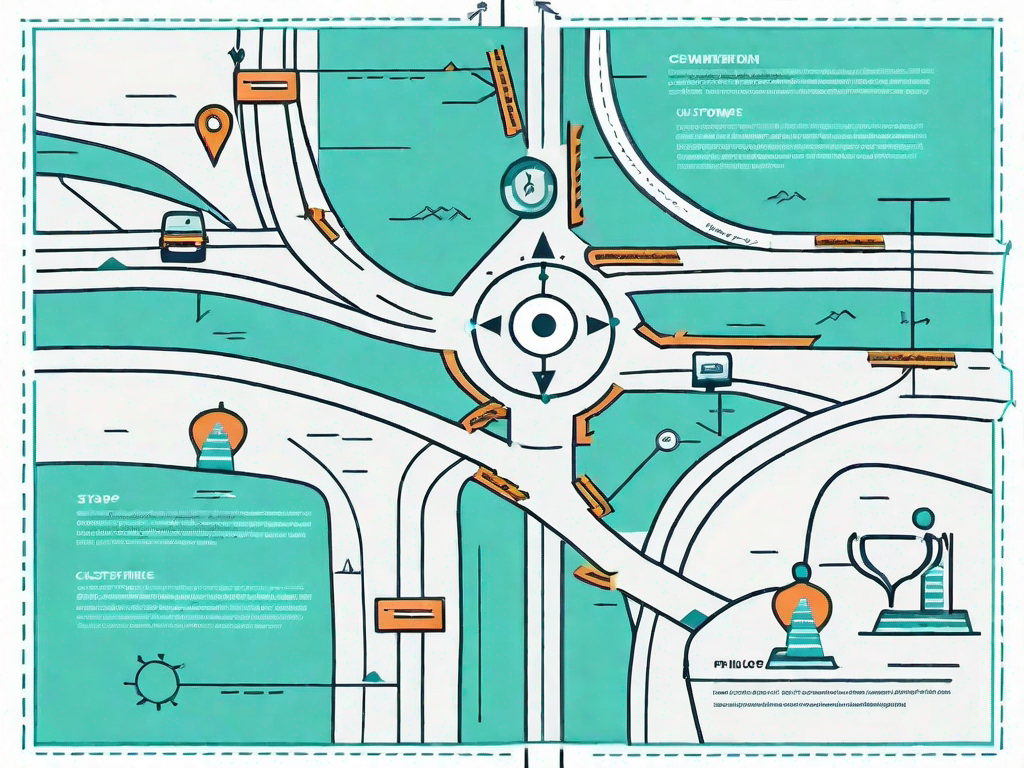 A road map with various stops labeled as different customer touchpoints