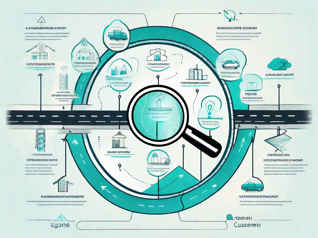 A roadmap with various signposts and landmarks representing different stages of the customer journey