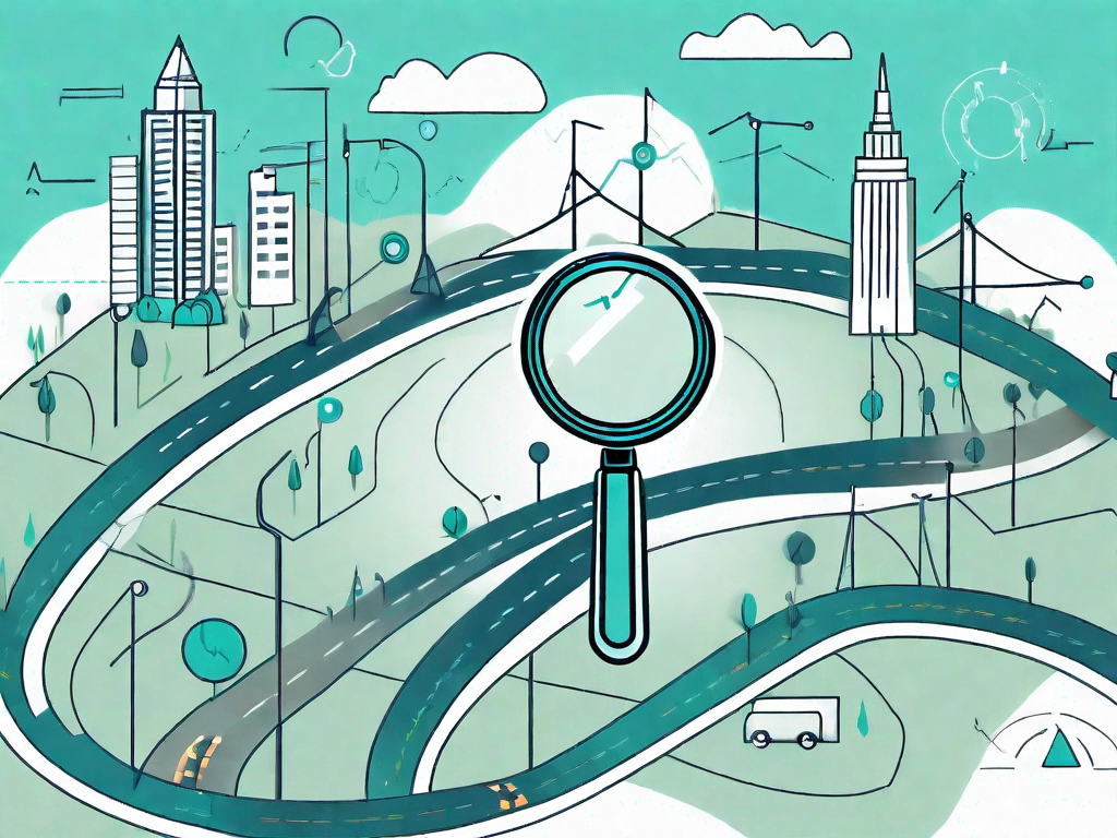 A roadmap with various symbolic landmarks representing different customer touchpoints