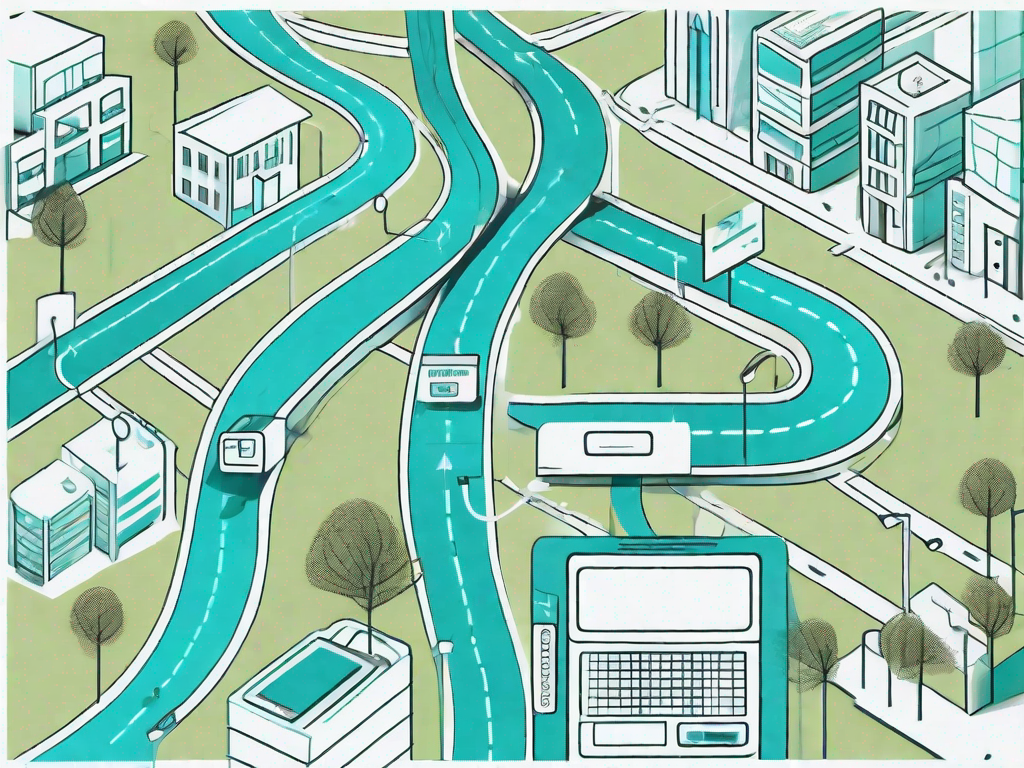 A road map with symbolic touchpoints like a phone