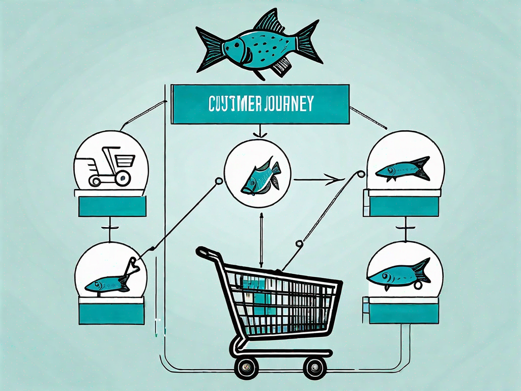 A stylized fishbone diagram with various elements representing different stages of the customer journey