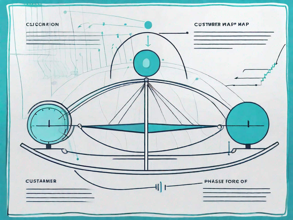 A scale balancing a customer journey map and a force field analysis diagram