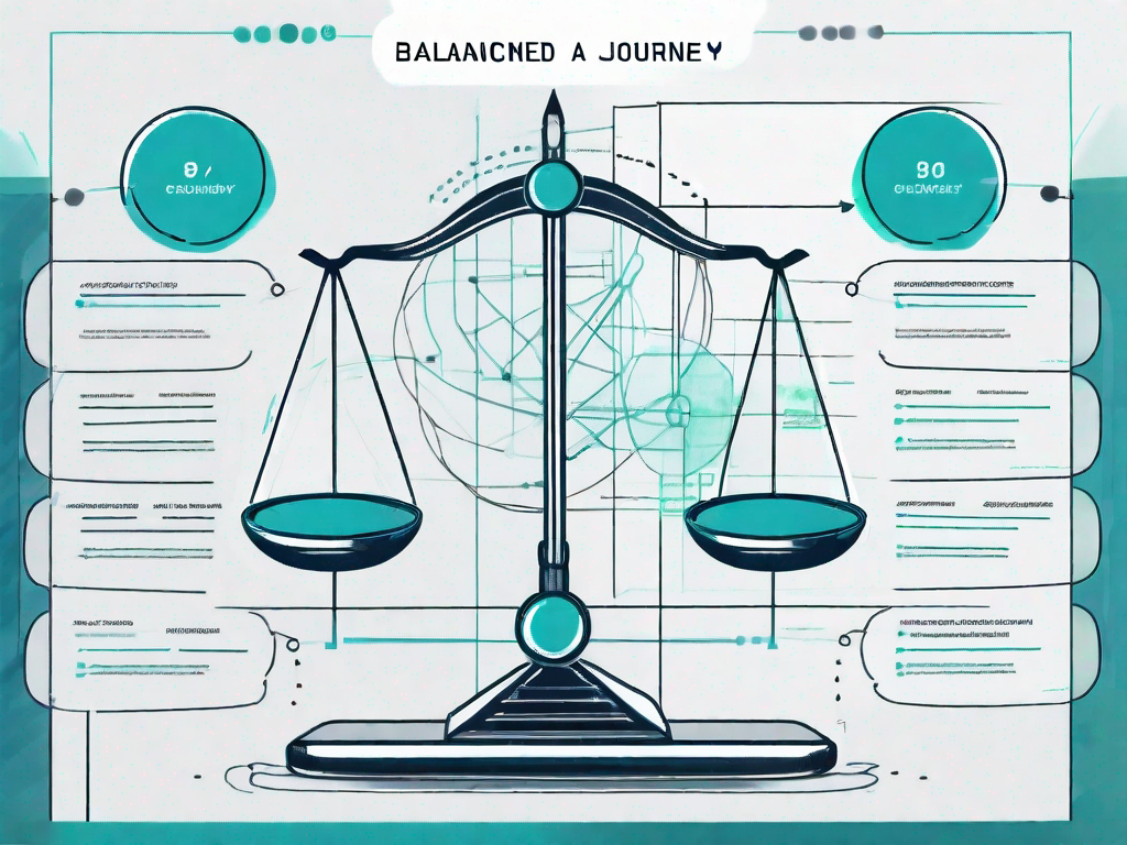 A balanced scale with a customer journey map on one side and a force field analysis diagram on the other