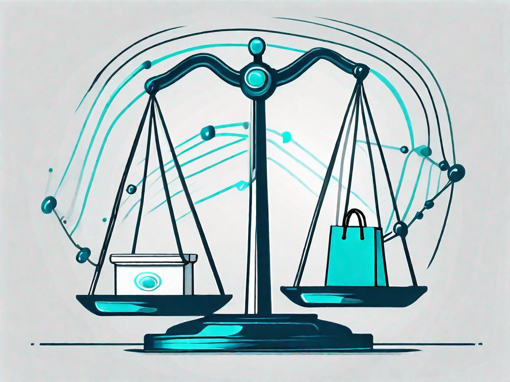 A balanced scale with shopping bags on one side and a magnetic force field on the other