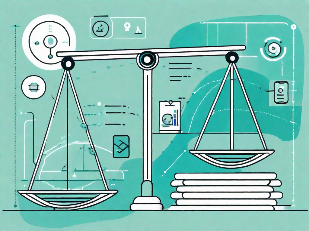 A balanced scale with symbols of customer journey steps on one side and force field analysis tools on the other