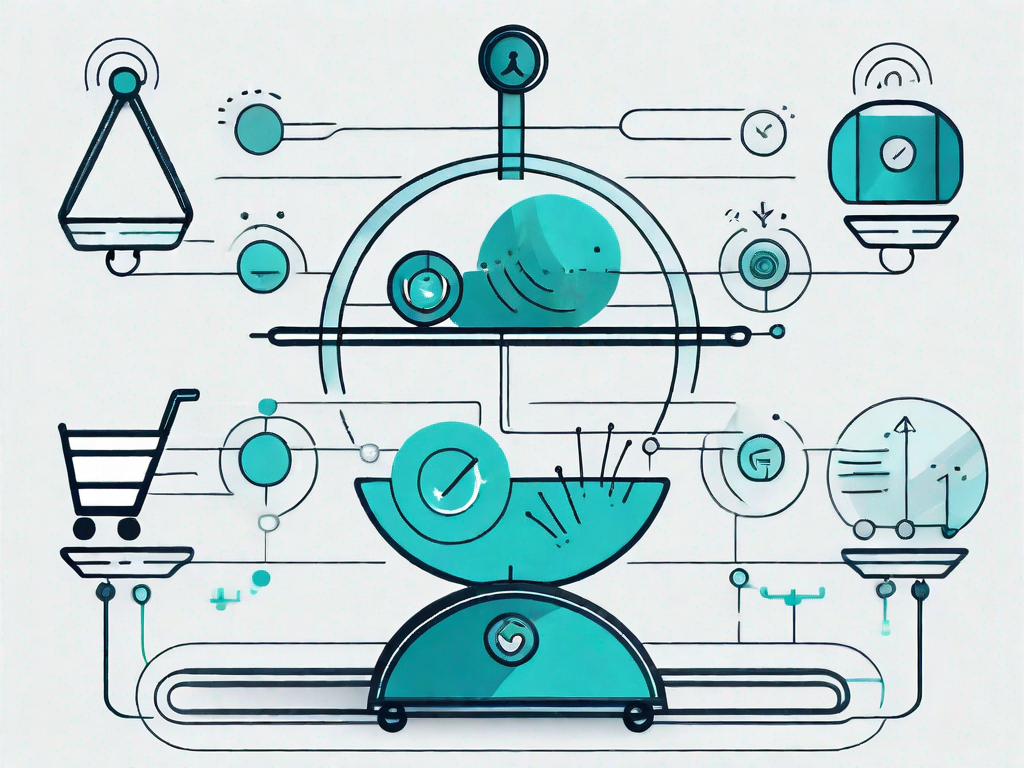 A balanced scale with customer journey elements like a shopping cart