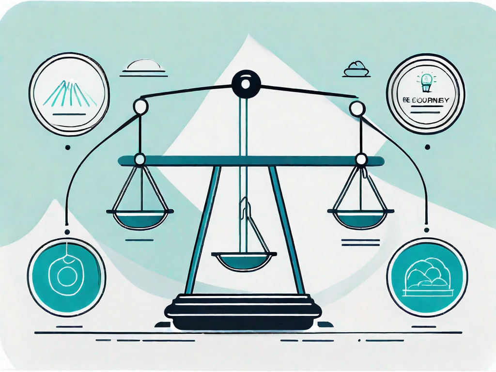 A balanced scale with product icons on one side and force fields on the other