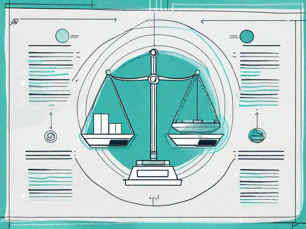 A balanced scale with a customer journey map on one side and a force field analysis chart on the other