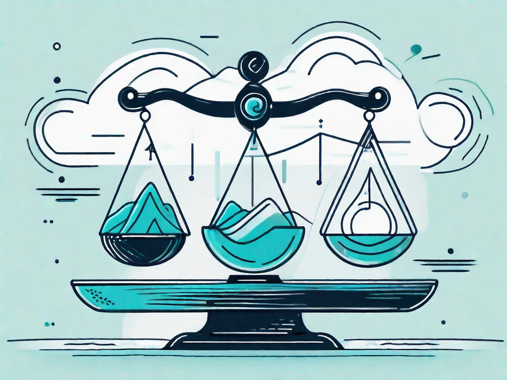 A balanced scale with customer journey steps on one side and force fields (represented as various weather elements like wind