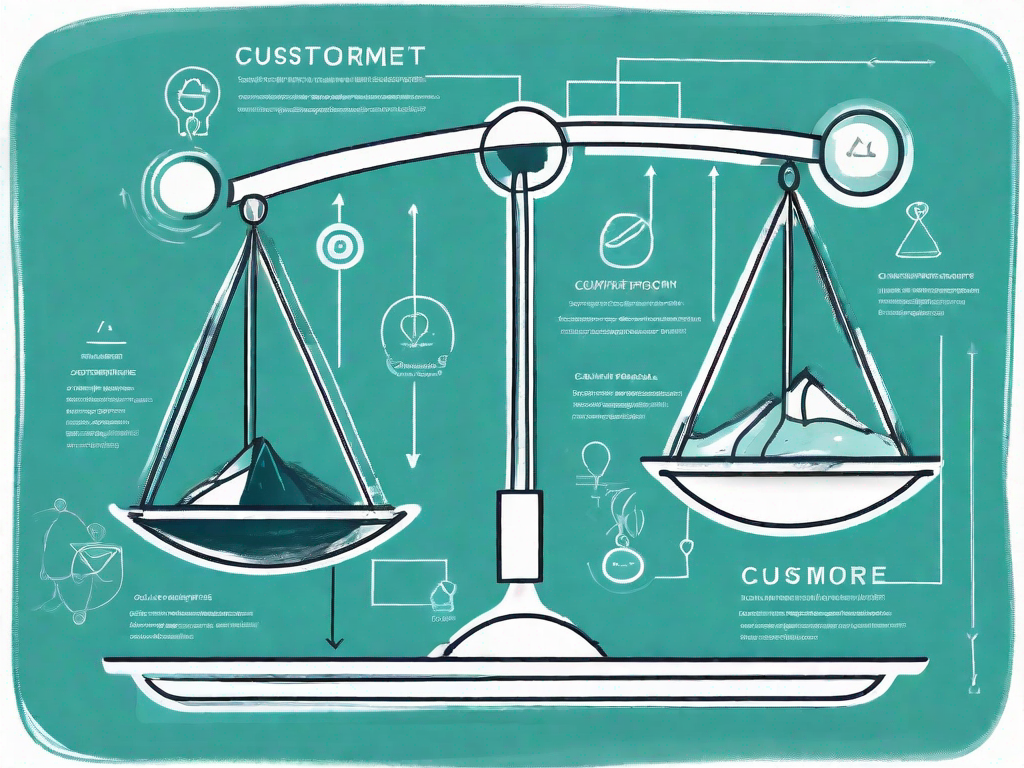 A balanced scale with customer journey stages on one side and force field analysis elements on the other