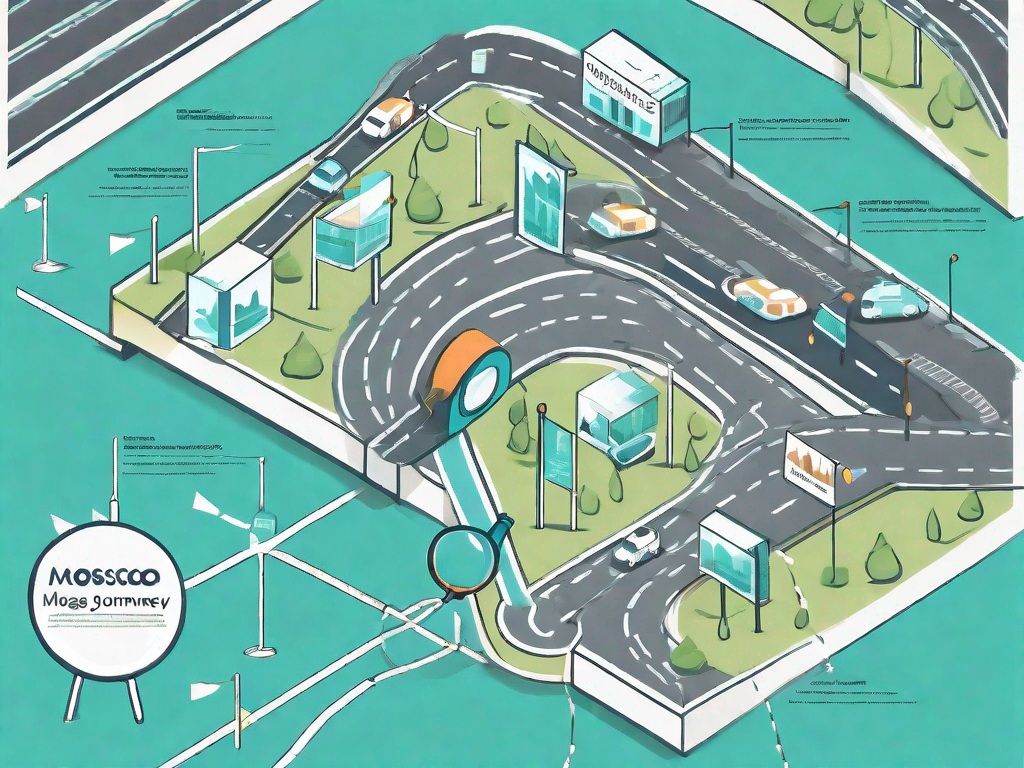 A road map with signposts representing different stages of the customer journey