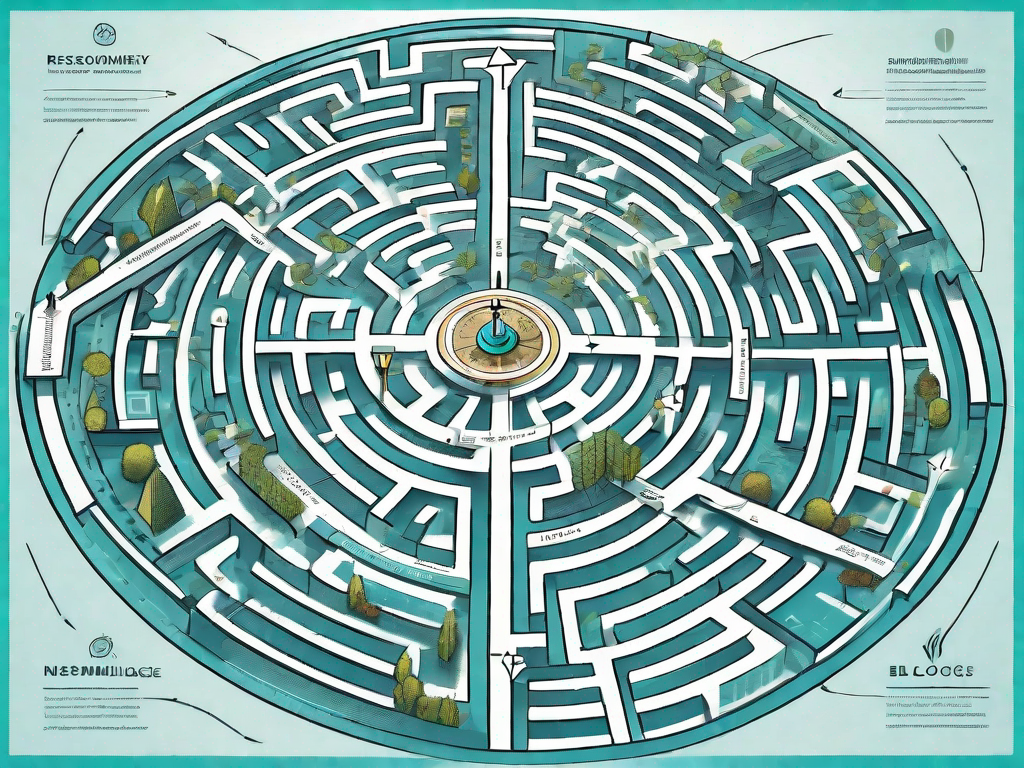 A complex maze with signposts representing various stages of a customer journey