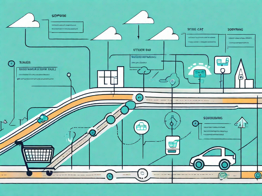 A roadmap with various symbols representing stages of a customer journey