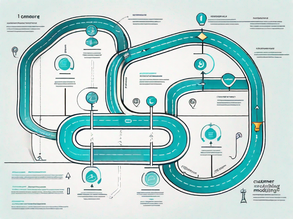 A roadmap with various symbolic icons representing different stages of a customer journey